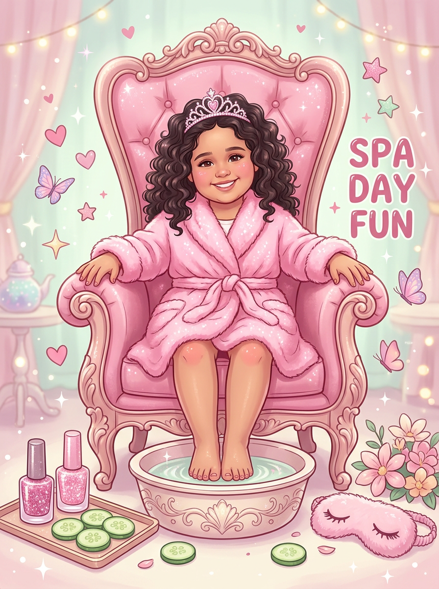 Illustrated portrait of Lilou Grace enjoying her spa day in a pink robe and tiara